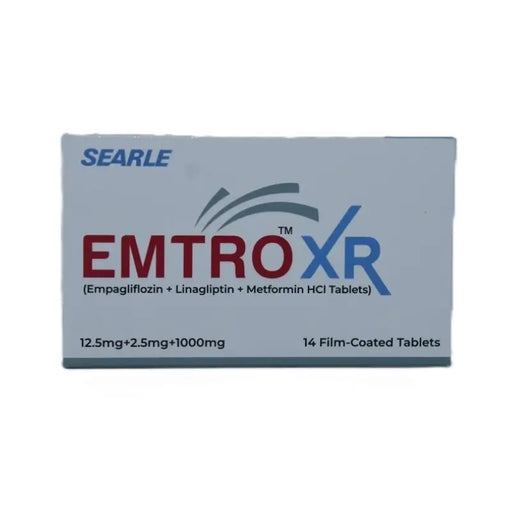 EMTRO XR medication packaging with Searle branding on a white background