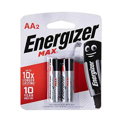 Energizer Max AA batteries packaging with two batteries and a black energizer character on a white background.