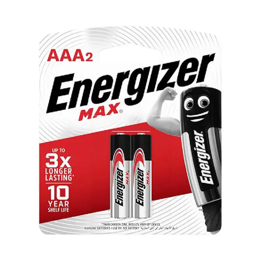 Energizer Max AAA batteries packaging with a cartoon character on a white background