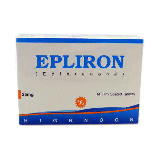 Epliron (Eplerenone) medication box with blue and orange design on a white background