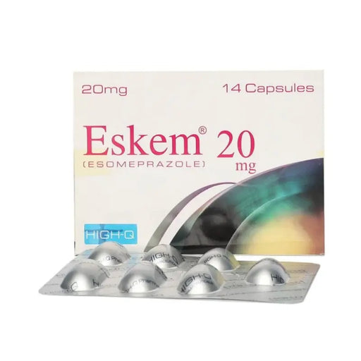 Eskem 20mg capsule packaging with 14 capsules on a white background