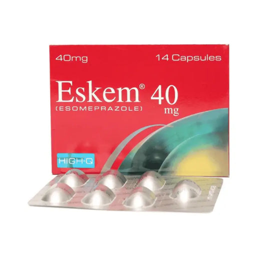 Eskem 40mg capsule packaging with red box and silver blister pack on a white background