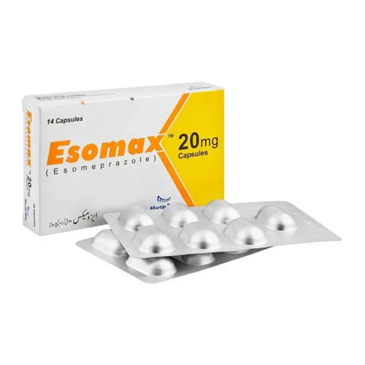 Esomax 20mg capsules packaging with tablets on a white background