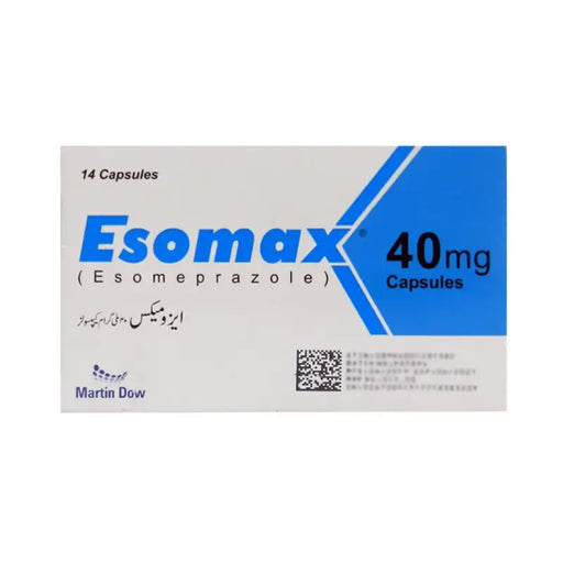 Esomax 40mg capsules packaging with blue and white design