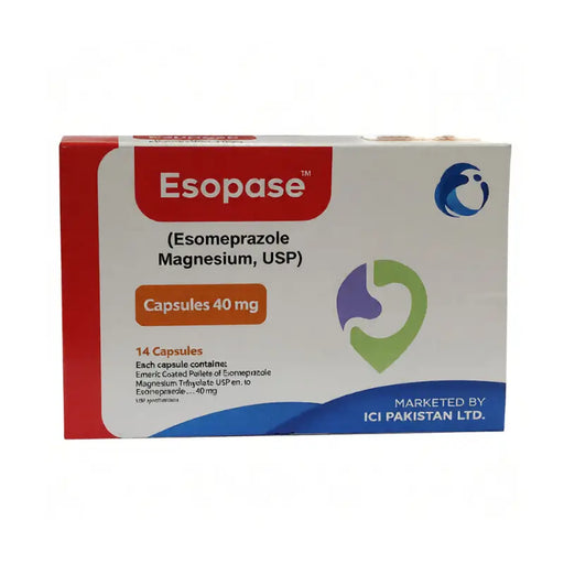 Esopase medication packaging with red, white, and blue design on a white background