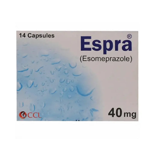 Box of Espra (Esomeprazole) capsules with 14 count and 40mg strength on a white background.