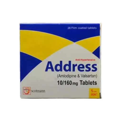Box of Address anti-hypertensive tablets with blue, yellow, and white design.