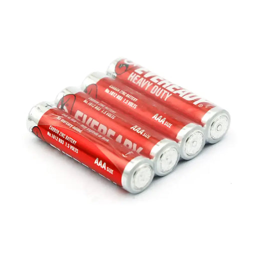 Four Eveready Heavy Duty AAA batteries on a white background