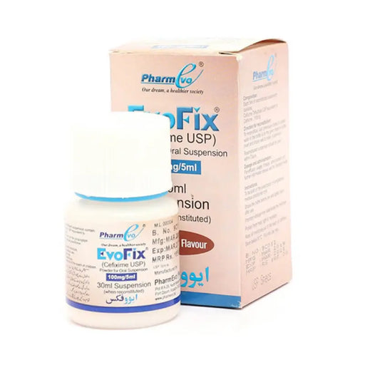 EvoFix bottle and box with Pharmcia branding on a white background