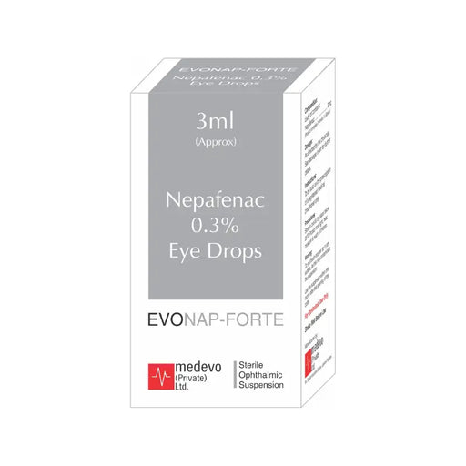 Box of Nepafenac 0.3% Eye Drops by EVO-NAP-FORTE on a white background