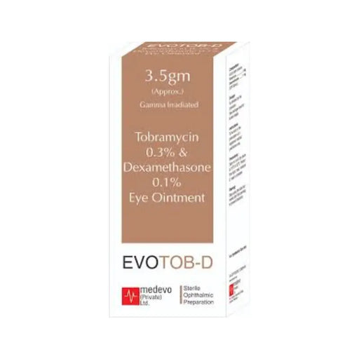 Box of Evotob-D eye ointment with medical details on a white background
