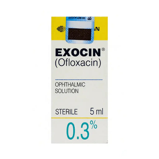 Exocin(Ofloxacin) ophthalmic solution packaging on a white background