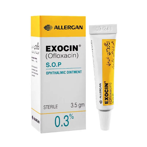 Exocin ophthalmic ointment packaging with Allergan branding on a white background