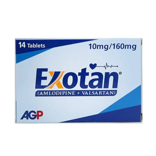 Exotan medication box with blue and white design on a white background
