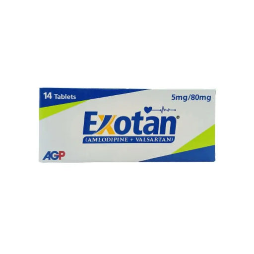 Box of Exotan tablets with AMLODIPINE + Valsartan on a white background
