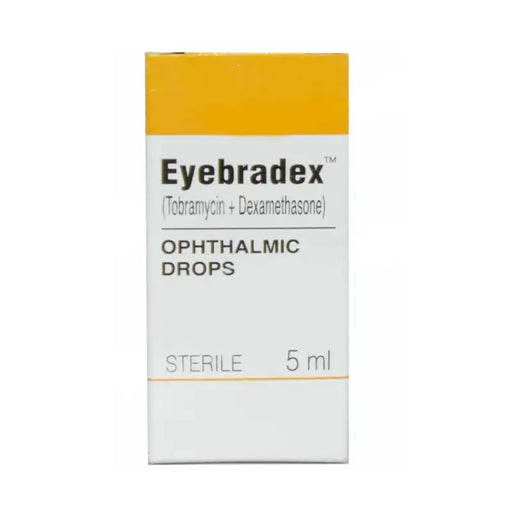 Box of Eyebradex ophthalmic drops on a white background
