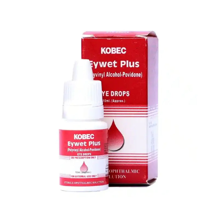 This image displays a package of Kobec Eyewet (Polyvinyl Alcohol) Eye Drops, featuring a 15ml sterile ophthalmic solution. The packaging is straightforward and informative, with a red and white color scheme that highlights the product's purpose for eye allergy and infection treatment.

