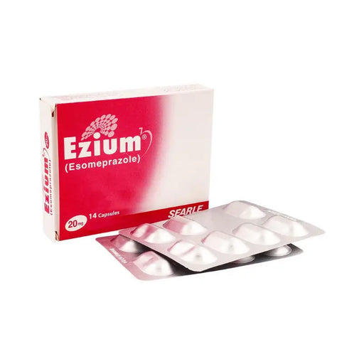 Ezium (Esomeprazole) packaging with red label and white background