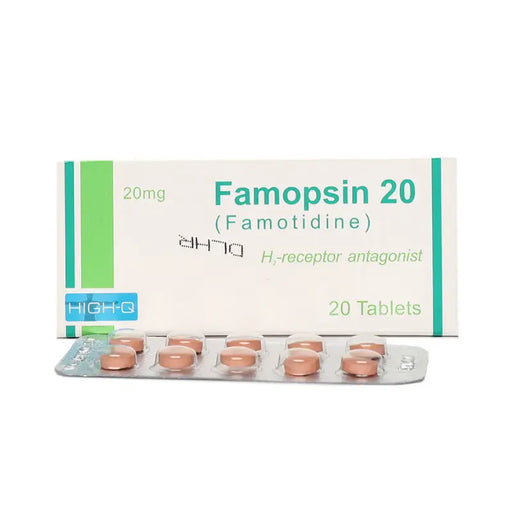 Famopsin 20 packaging with tablets on a white background