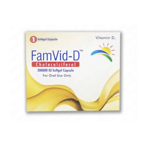 Famvid-D Cholecalciferol vitamin D3 supplement packaging on a white background