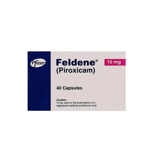 Box of Feldene (Piroxicam) capsules with Pfizer logo on a white background