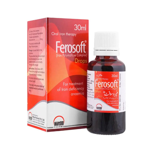 Ferosoft oral iron therapy drops packaging and bottle on a white background