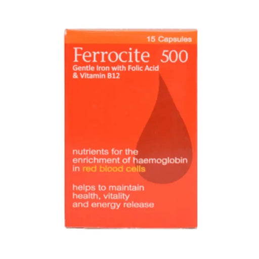 Ferrocite 500 supplement packaging with red droplet graphic on an orange background