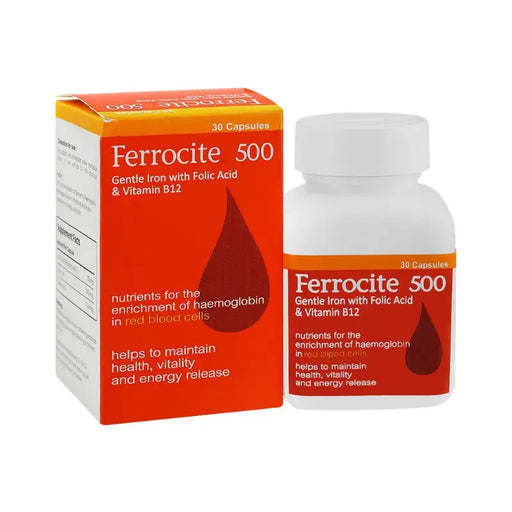 Ferrocite 500 supplement bottle and packaging on a white background