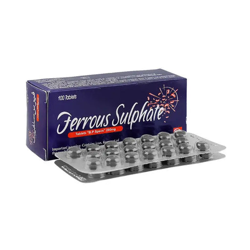 Box of Ferrous Sulphate tablets with blister pack on a white background