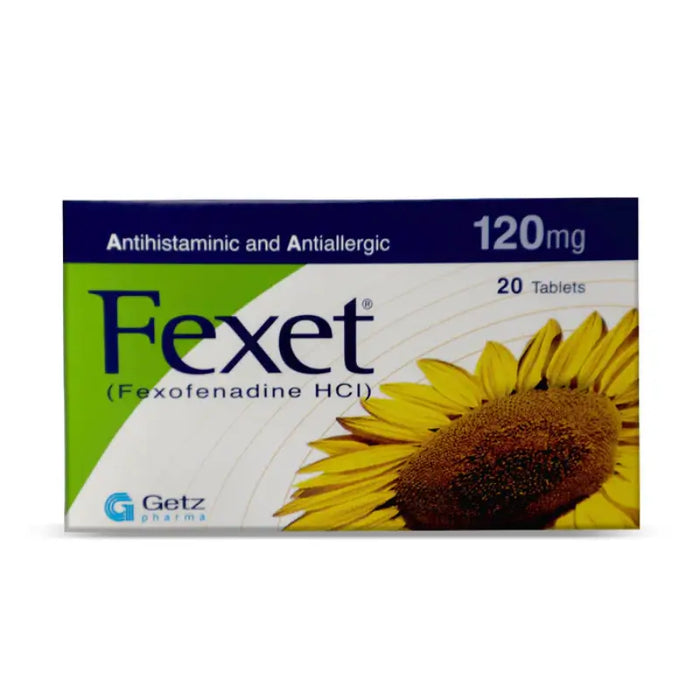 Fexet antihistaminic and antiallergic medication box with a sunflower design on a white background