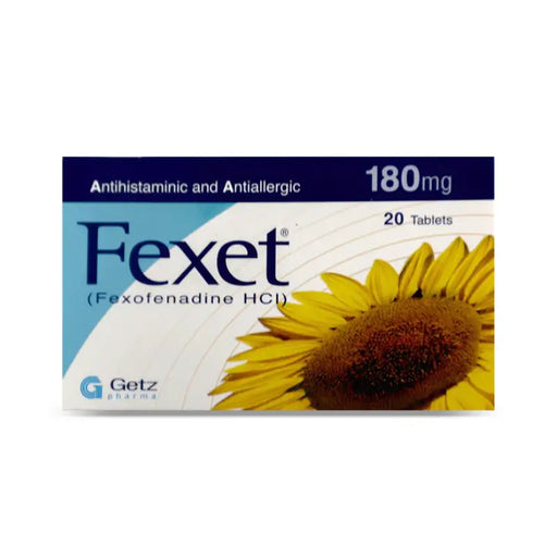 Fexet antihistamine and antiallergic medication packaging with a sunflower on a white background