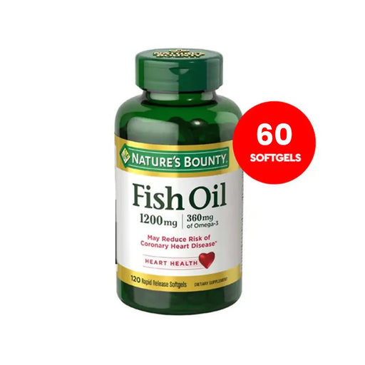Nature's Bounty Fish Oil supplement bottle with a red label indicating 60 softgels on a white background.
