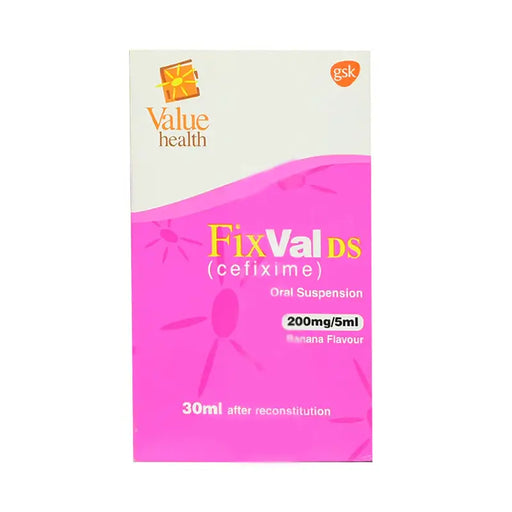 Packaging of FixVal DS (cefixime) oral suspension with GSK logo on a white background