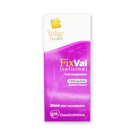 Purple packaging of FixVal (cefixime) oral suspension with GSK logo on a white background