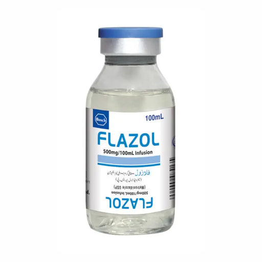 Flazol 100mL infusion bottle on a white background