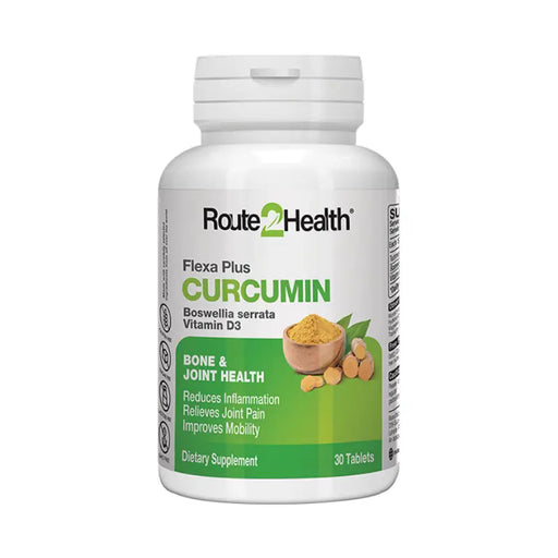 Supplement bottle labeled 'Route 2 Health Flexa Plus Curcumin' on a white background