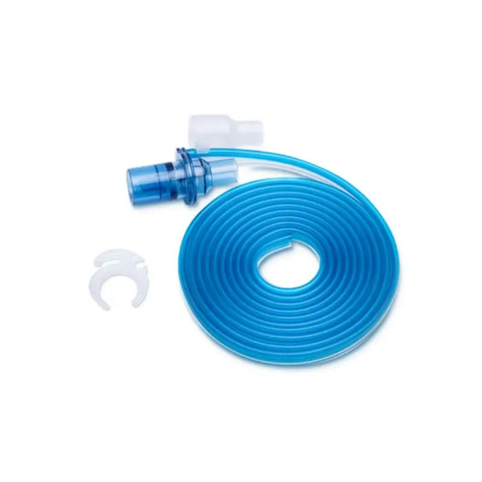 Blue plastic tube with connectors on a white background