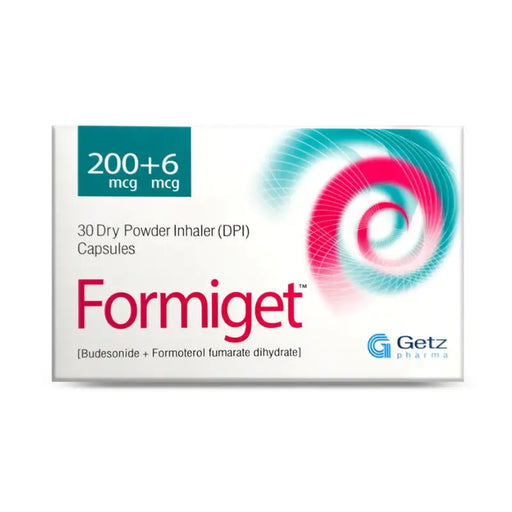 Formiget dry powder inhaler packaging with Getz Pharma logo on a white background