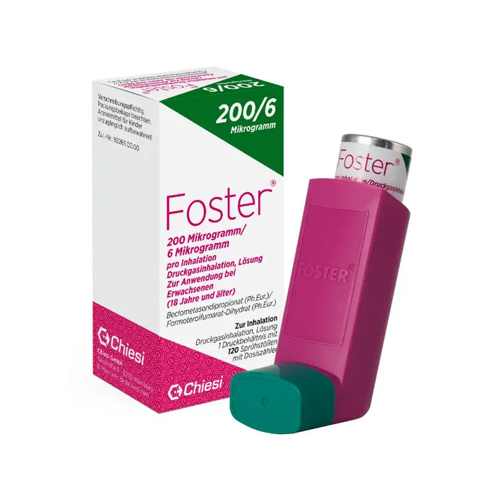 Foster asthma inhaler and packaging on a white background