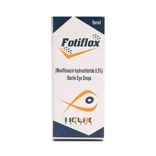 Fotiflox eye drops packaging with Helix Pharma branding on a white background