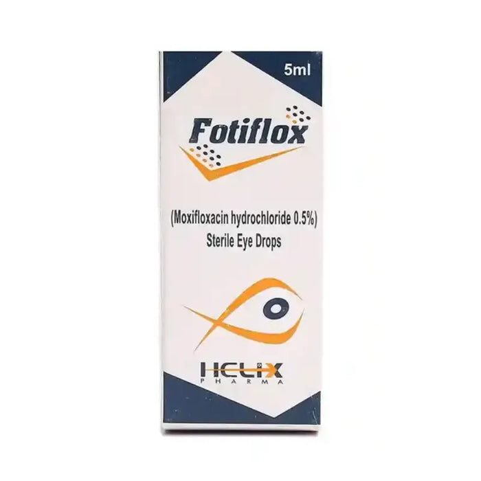 Fotiflox eye drops packaging with Helix Pharma branding on a white background