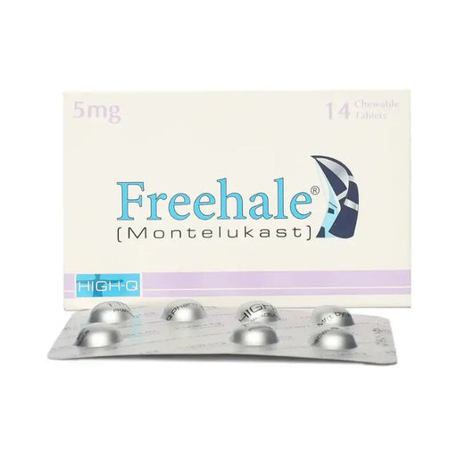 Box of Freehale Montelukast with blister pack of tablets on a white background