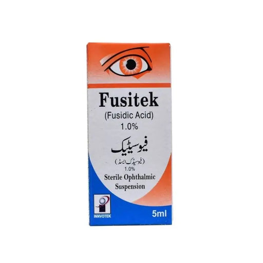 Fusitek eye drop container with branding and product details on a white background