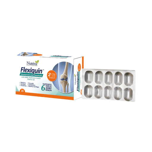 This image features the Flexiquin Tablet 4x5s, a product from Nutiva, designed for bones and joints care. The packaging includes a box and a separate blister pack containing 30 tablets.