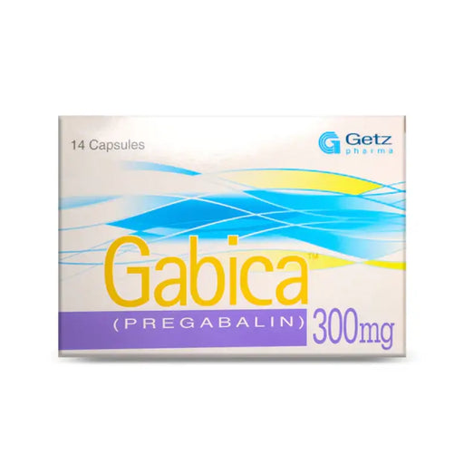 Box of Gabica (Pregabalin) 300mg by Getz Pharma on a white background