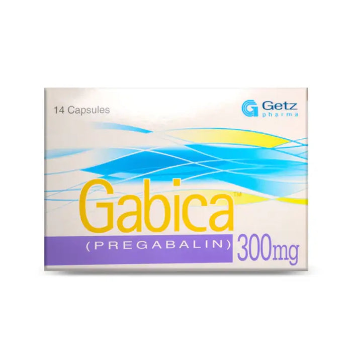 Box of Gabica (Pregabalin) 300mg by Getz Pharma on a white background