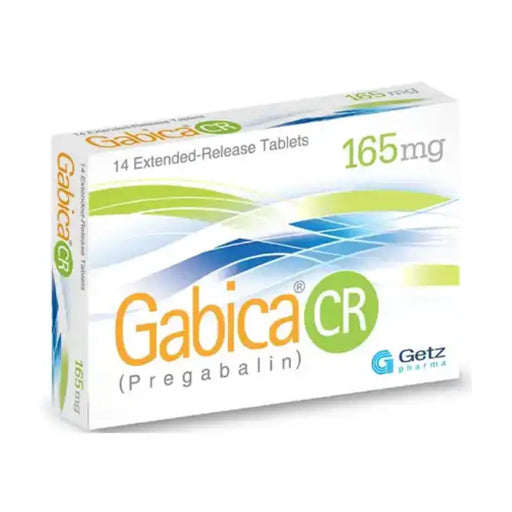 Box of Gabica CR (Pregabalin) tablets with 165 mg dosage on a white background