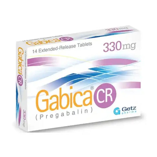 Box of Gabica CR tablets with 330mg dosage on a white background