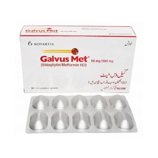 Box of Galvus Met with tablets on a white background