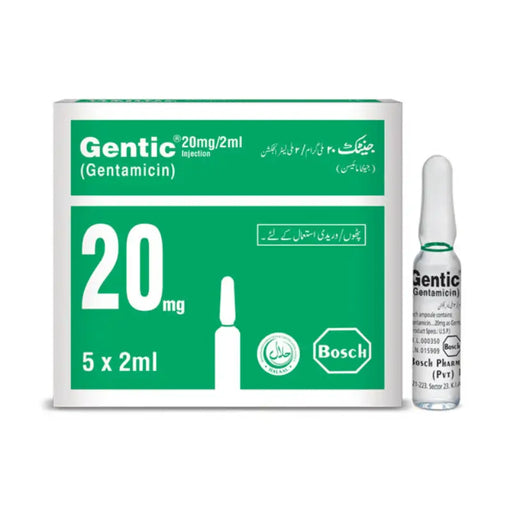 Gentic Gentamicin packaging with a bottle on a white background